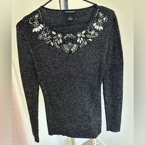 Sparkly Silver & Black Rhinestone Embellished Metallic Rib Knit Long Sleeve Top
